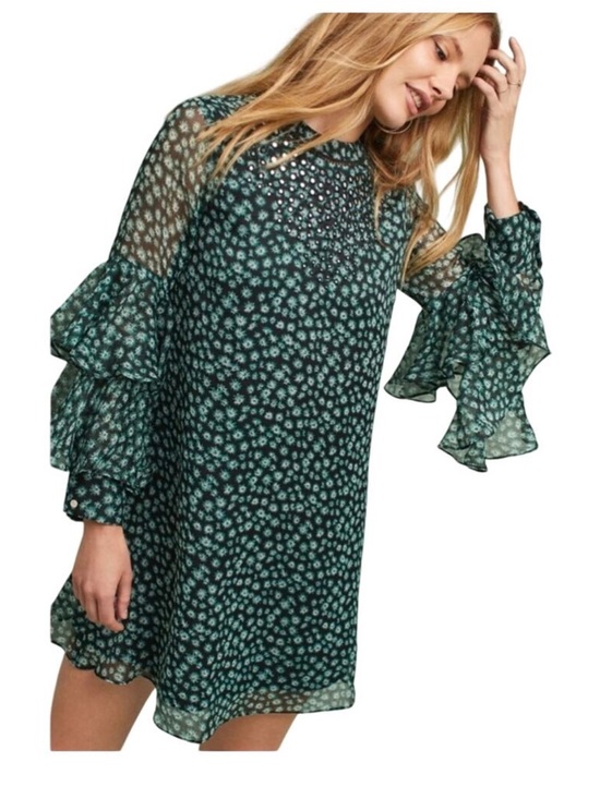 Ranna Gill Dresses & Skirts - Anthropologie Ranna Gill Silk Embellished Tunic Dress XS Black Ruffle Sleeve